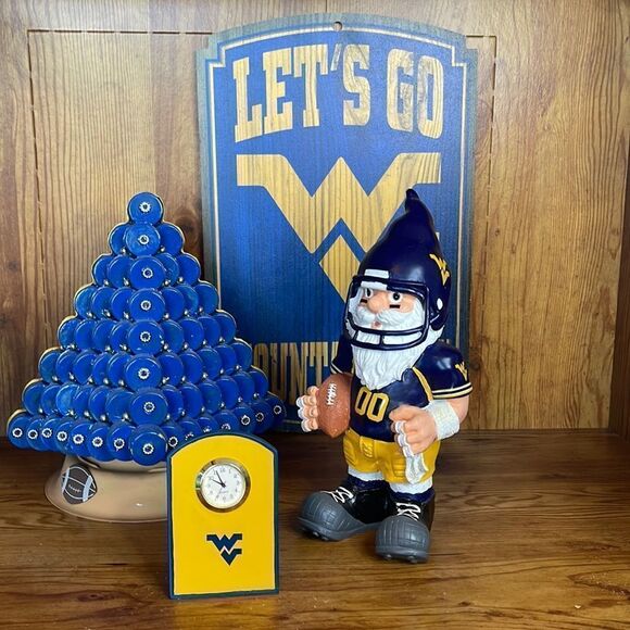 West Virginia Mountaineers Collectible Items, Figurine Tree Sign and Clock - Picture 1 of 12